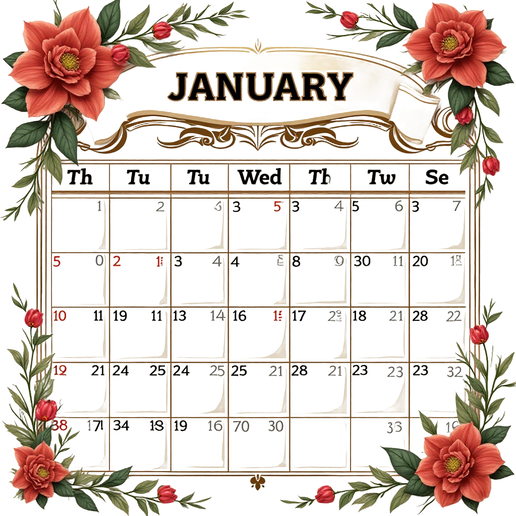 Vintage January Calendar with Floral Decorations